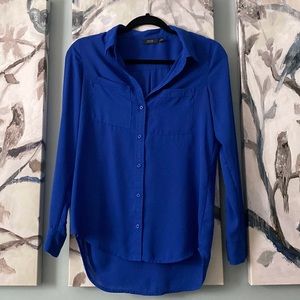APT.9 XS Royal blue long sleeve button down collared blouse, longer in back